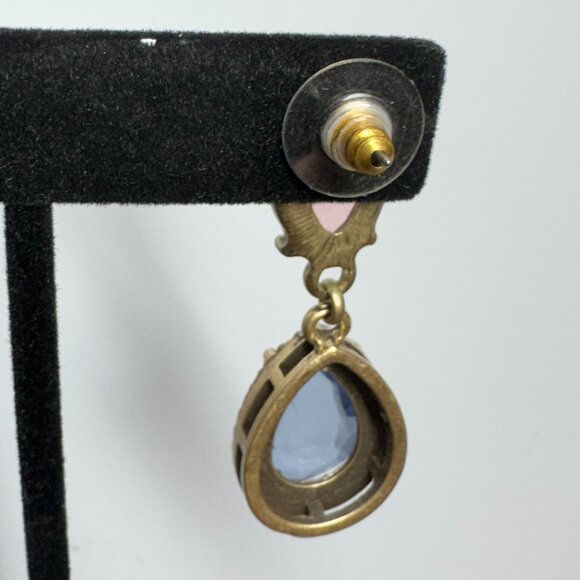 Vintage Gold Tone Dangling Pierced Earrings Teardrop Glass Pink & Blue - Picture 4 of 7